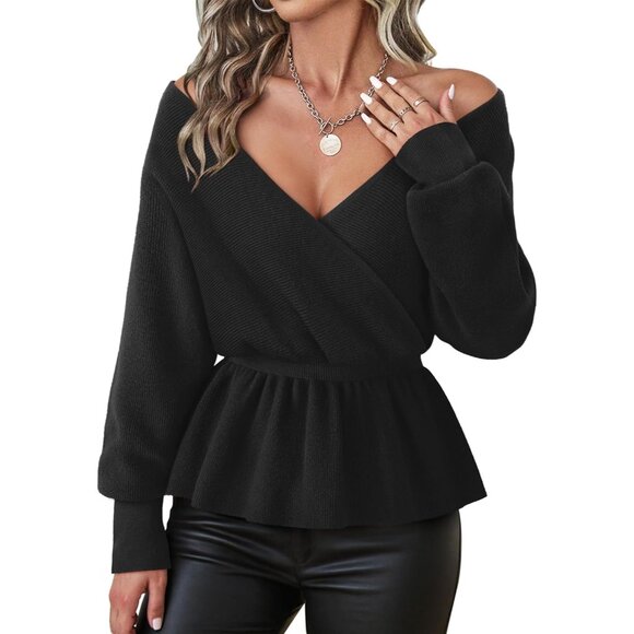 Womens Dressy Black Peplum Sweater Long Sleeve Fall Wrap V Neck Pullover Tops - Picture 1 of 6